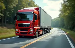 red lorry front view driving on road through trees