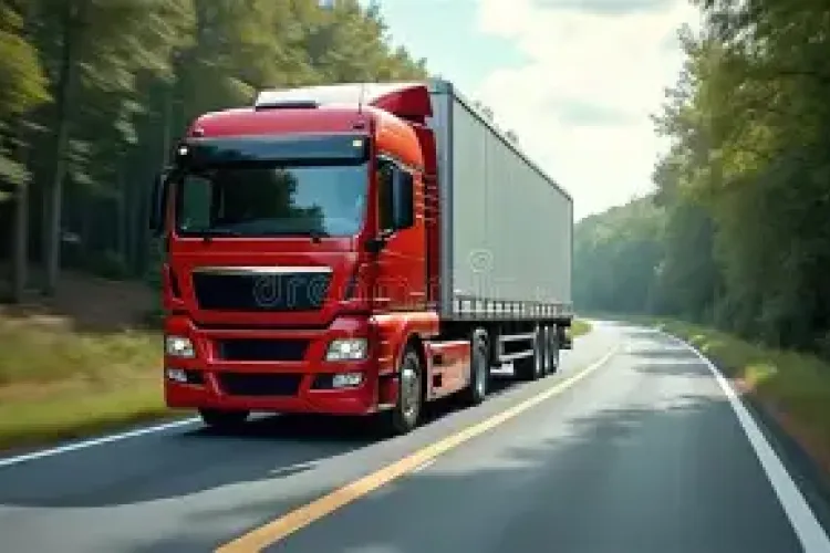 red lorry front view driving on road through trees